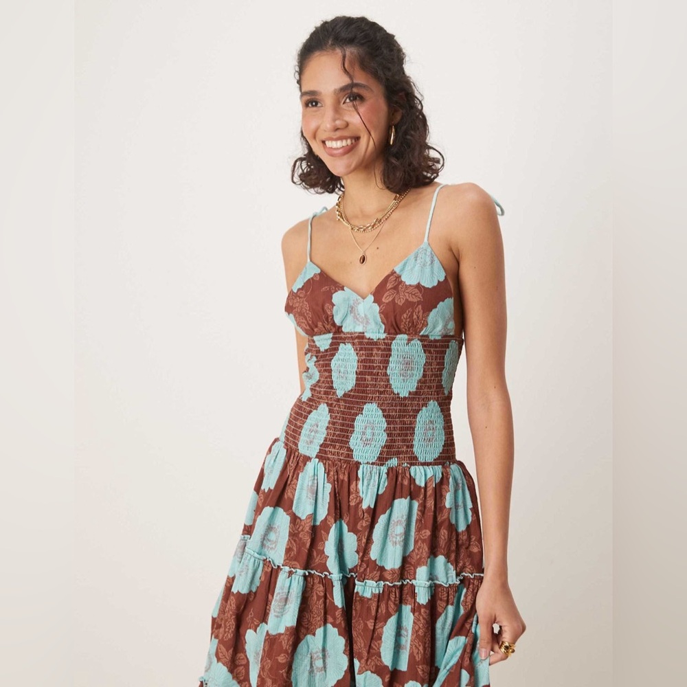 Free People Brown and Aqua Floral Tiered Midi Dress - Picture 3 of 8